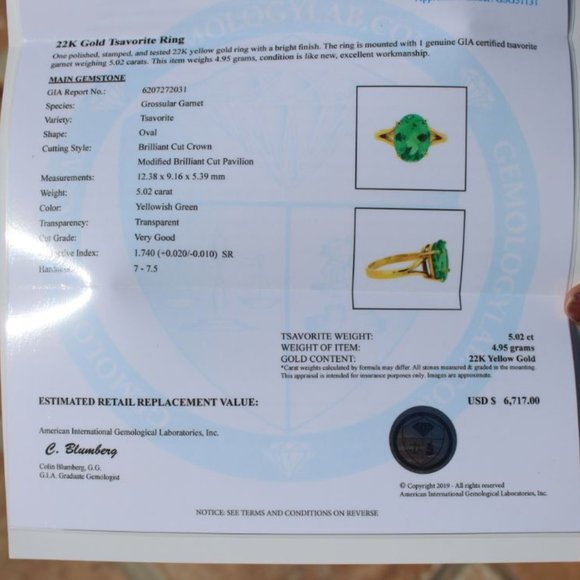 Certified Tsavorite 5.02ct Solid 22K Gold Ring - Picture 8 of 11